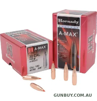 Hornady A-Max Bullets 30 Caliber (.308 Diameter) 168 Grain Boat Tail (100pk)