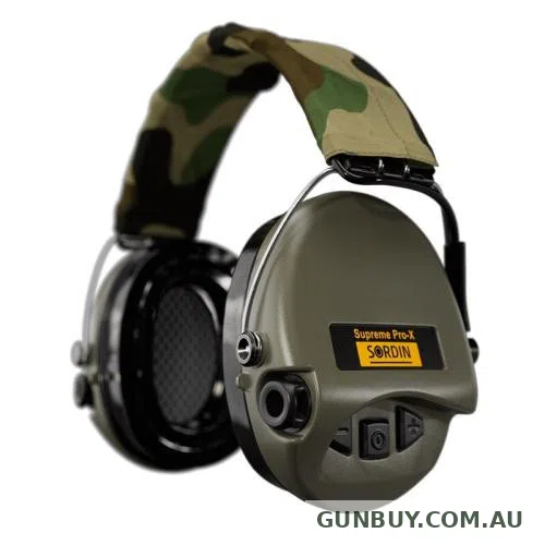 Sordin Supreme Pro-X LED Camo Textile Headband Green Ear Muffs