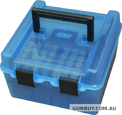 MTM Deluxe Ammo Boxes with Handle Double Latch - 100 Round -22-250 REM - 458 Winchester - CLEAR BLUE