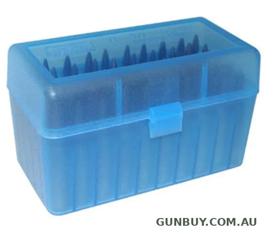 MTM Rifle Ammo Box - 50 Round Flip-Top 243 Win 308 Win 220 Swift - Clear Blue