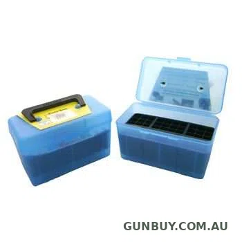 MTM Deluxe Rifle Ammo Boxes w/ Handle - 50 Round fits 300 WSM 300 Remington Ultra Magnum 338 Lap Mag - Blue
