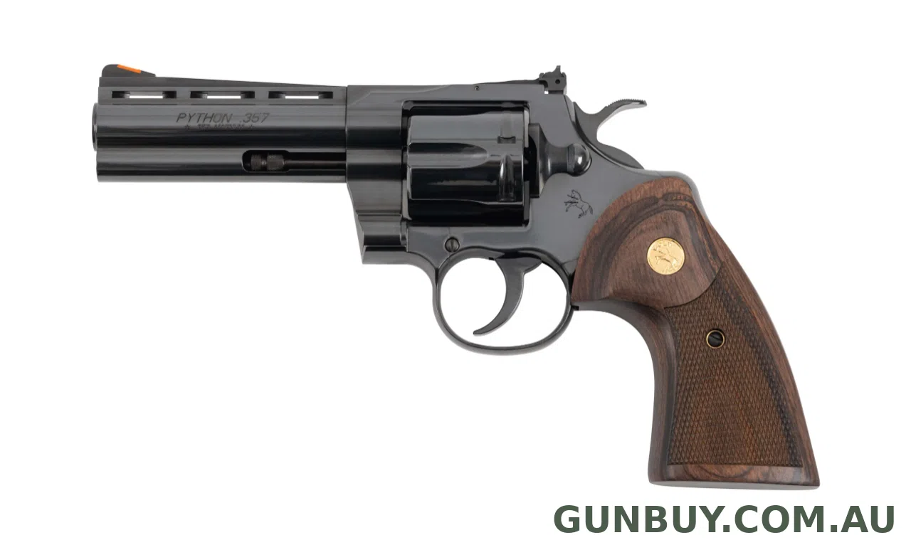 Colt PYTHON BLUED FINISH 4.25 INCH BARREL FACTORY CHECKERED TIMBER GRIPS6 SHOT