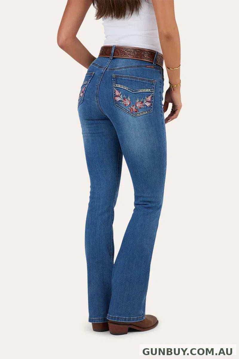 Ringers Western Penny Rodeo Womens High Rise Bootleg Jeans Pocket Decal