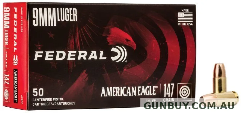 Federal 9mm Luger American Eagle Handgun FMJ 147 Grain 1000 fps 50pk #AE9FP