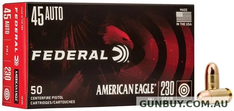Federal 45 ACP American Eagle Handgun FMJ 230 Grain 890 fps 50pk #AE45A